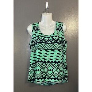 Marianne Tank Top Womens Large Green Black Aztec Geometric Sleeveless Blouse